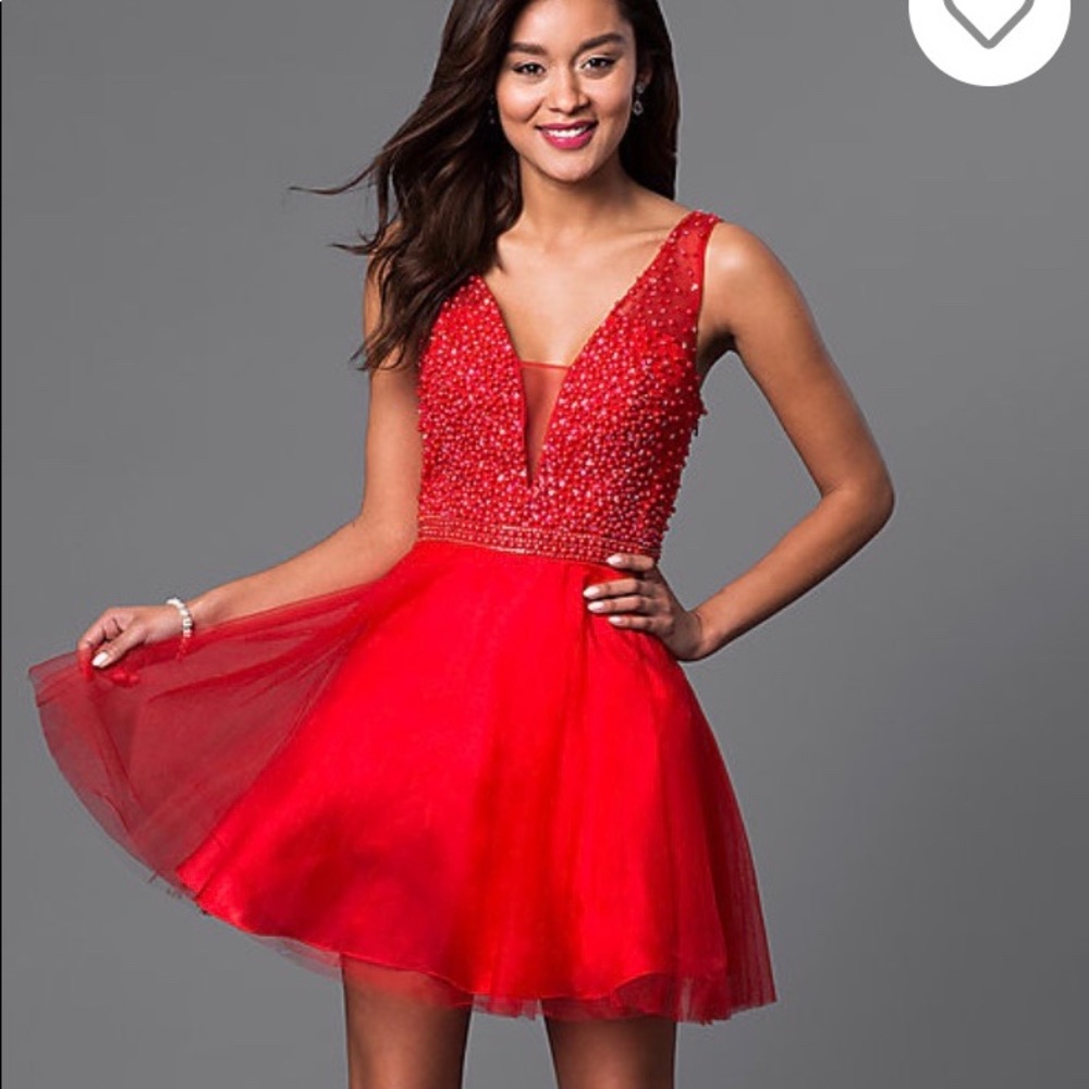 Short Red V-Neck Semi Formal Dress with Beads